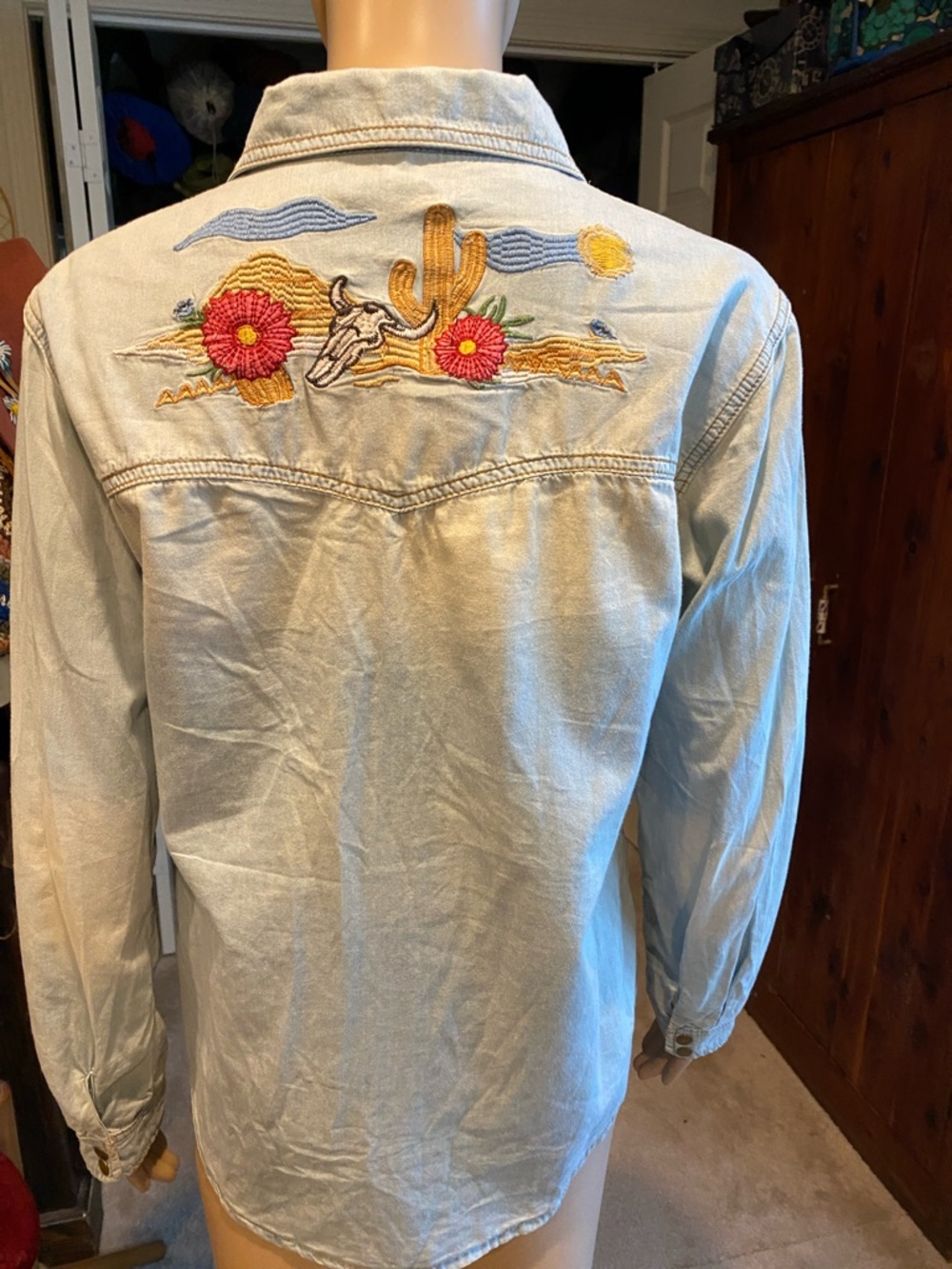 Spell Cactus Rose Light Wash Denim Button-Down Shirt with Floral Embroidery - Picture 6 of 10